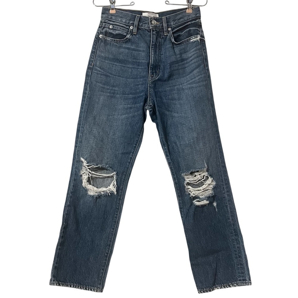 SLVRLAKE London Cropped Distressed High-Rise Straight Leg Jeans 25 Medium Wash